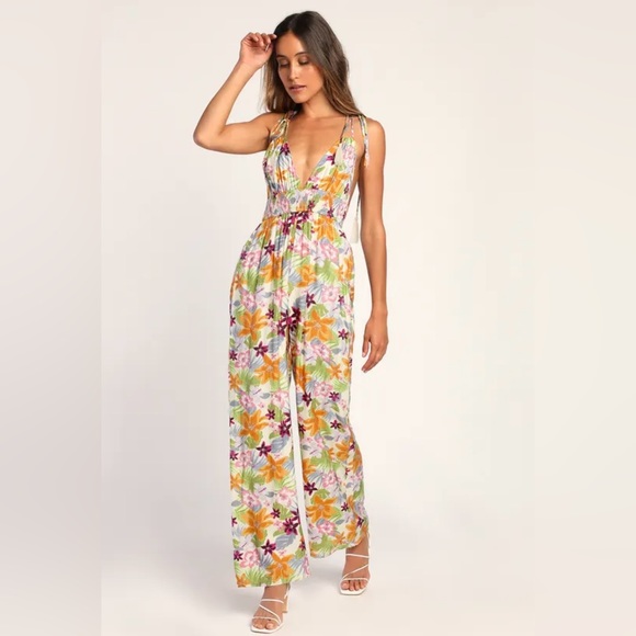 Lulus Pants - Lulus Paradise Perfect Cream Floral Tie-Strap Wide-Leg Jumpsuit